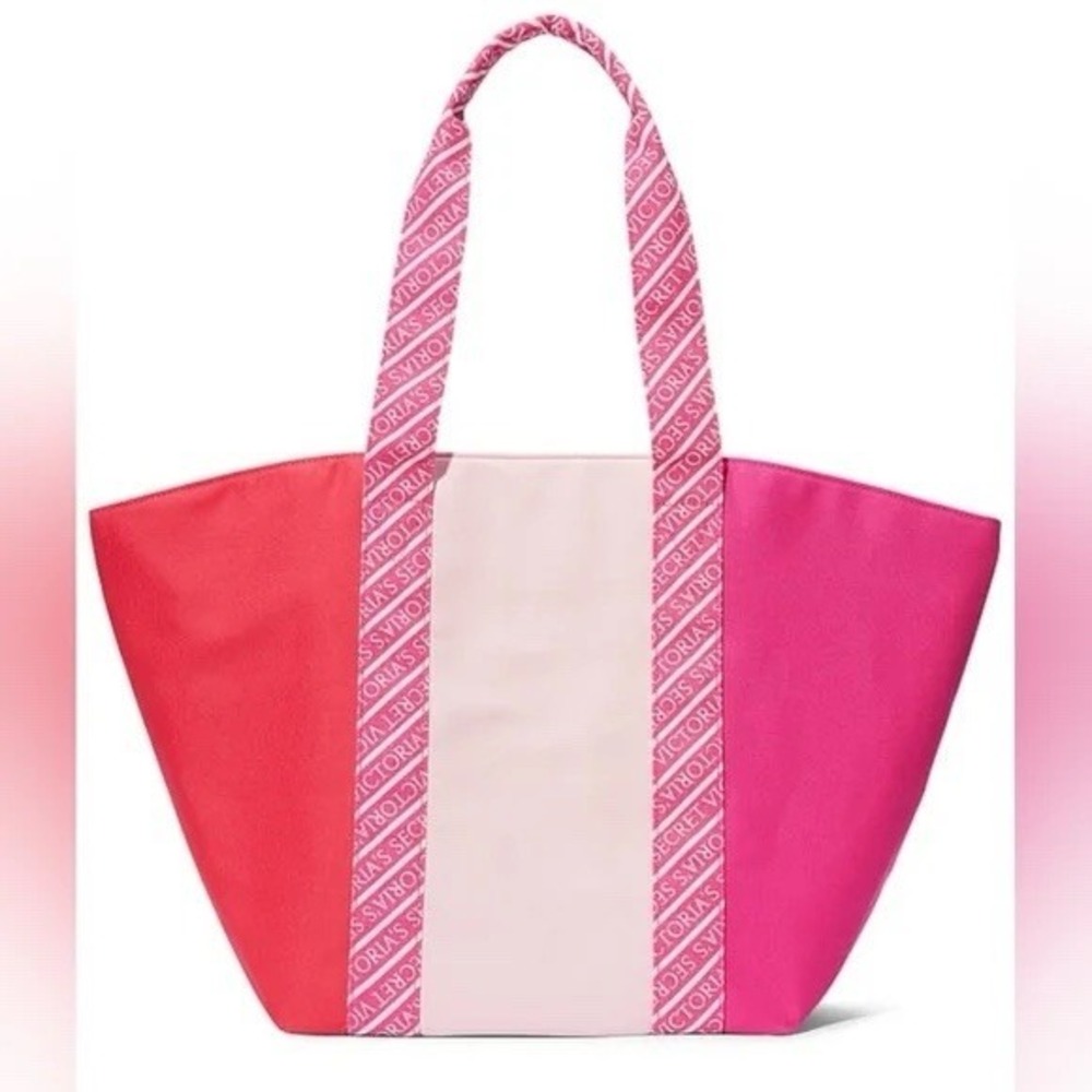 VICTORIA'S SECRET CANVAS ZIP TOTE BAG PINK WHITE/CREAM WEEKEND BEACH BRAND‎ NEW